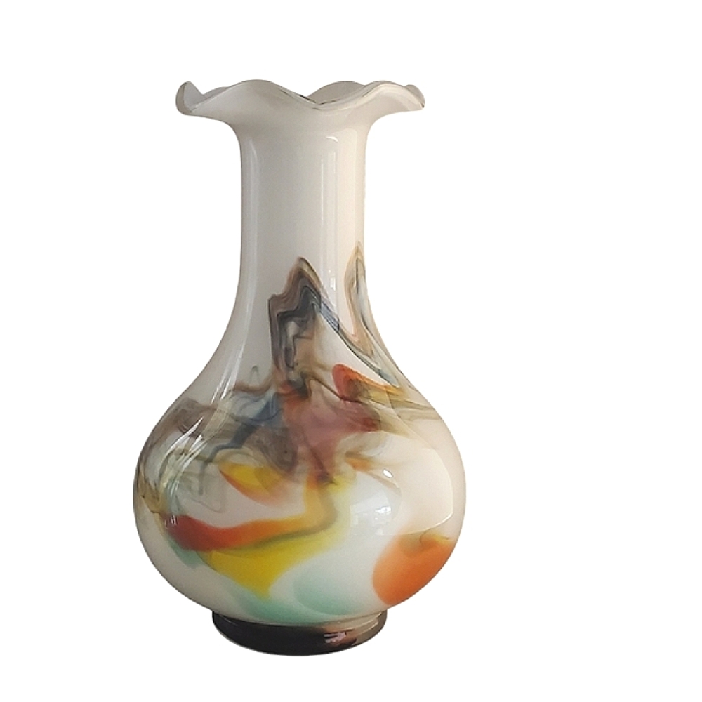 Vintage Snowflake Brand Style Glass Vase 7.75" H White with Coloured Swirls